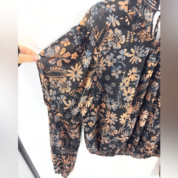 Free People Clarissa Printed Top Size L Boho Puff Long Sleeve Semi Sheer Floral - Picture 4 of 13